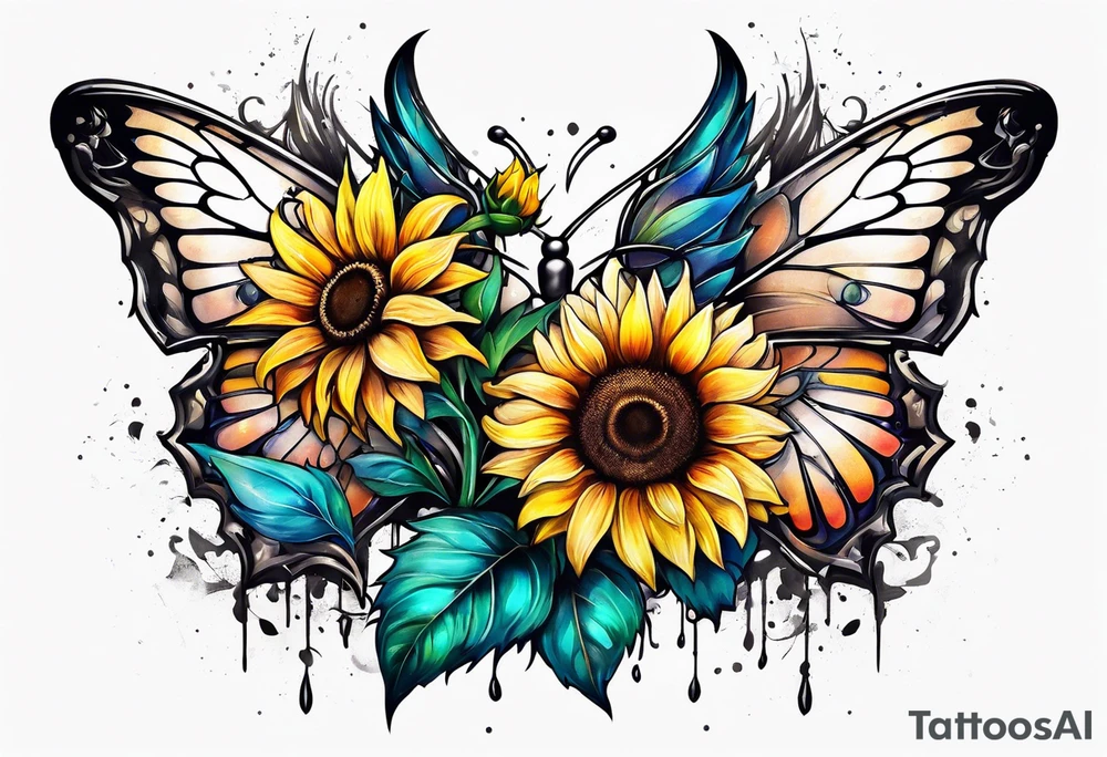 Winged cross with sunflower flowers and butterflies calf sleeve tattoo idea