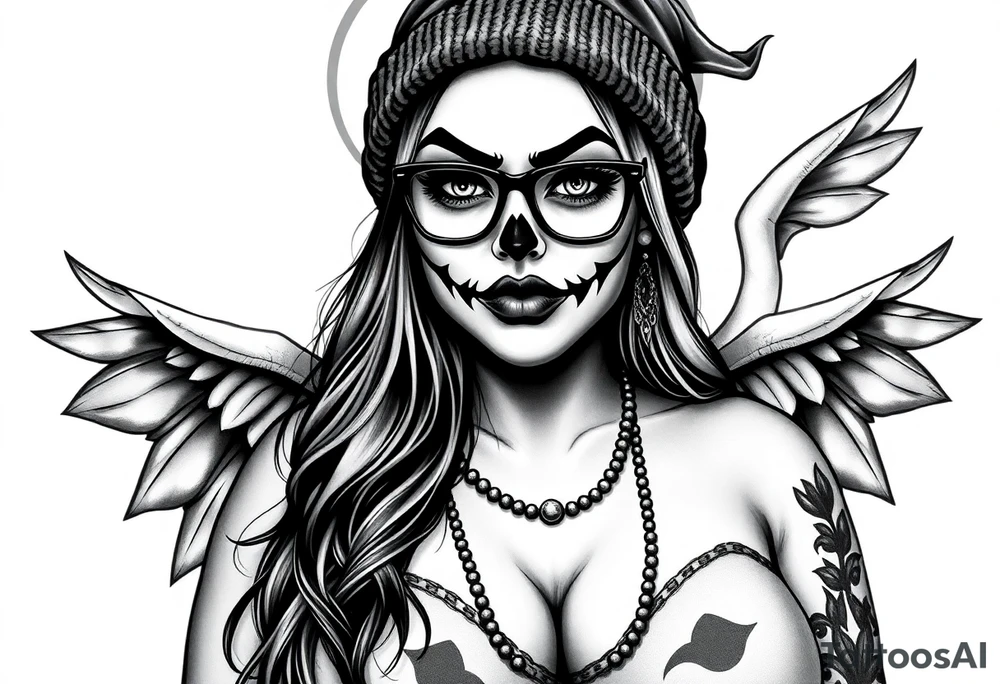 Chicana BBL fat sexy chunky plus size beautiful long hair clown makeup angel wings thug beanie eyeglasses tattoo idea