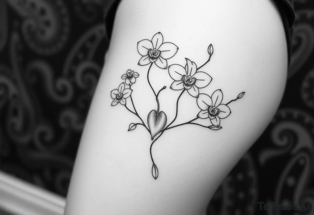 Five delicate fine line orchids different size realistic a mix with vagina female. Are connected with branches tattoo idea