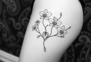 Five delicate fine line orchids different size realistic a mix with vagina female. Are connected with branches tattoo idea