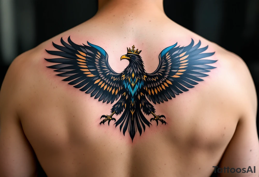 Majestic Silesian Eagle with Golden Crown – A powerful black Silesian eagle with outstretched wings, wearing a golden royal crown, symbolizing strength and heritage. The feathers have intricate detailing, with subtle blue and gold highlights to enhance its regal appearance. tattoo idea