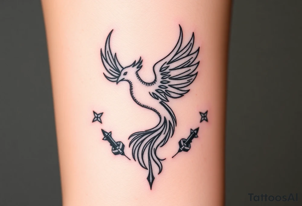 Phoenix rising from flames, surrounded by ninja stars and ballistic missiles, semicolon integrated into the design, fine line black ink, minimalist but dramatic but dainty for wrist tattoo idea
