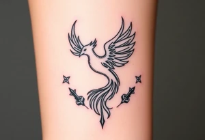 Phoenix rising from flames, surrounded by ninja stars and ballistic missiles, semicolon integrated into the design, fine line black ink, minimalist but dramatic but dainty for wrist tattoo idea