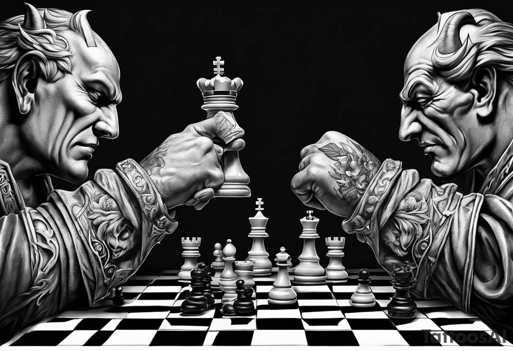 devil and angel hands playing chess tattoo idea