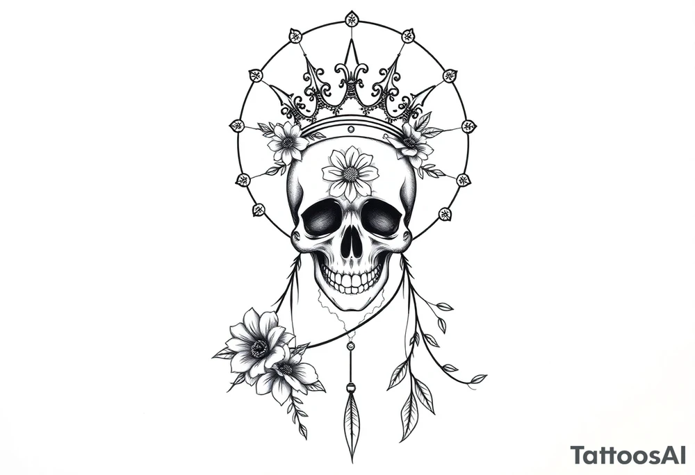 Mandala dream catcher with detailed beautiful gothic boho flowers on vine and skull with gorgeous crown tattoo idea