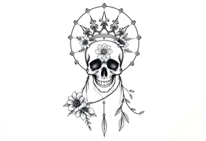 Mandala dream catcher with detailed beautiful gothic boho flowers on vine and skull with gorgeous crown tattoo idea