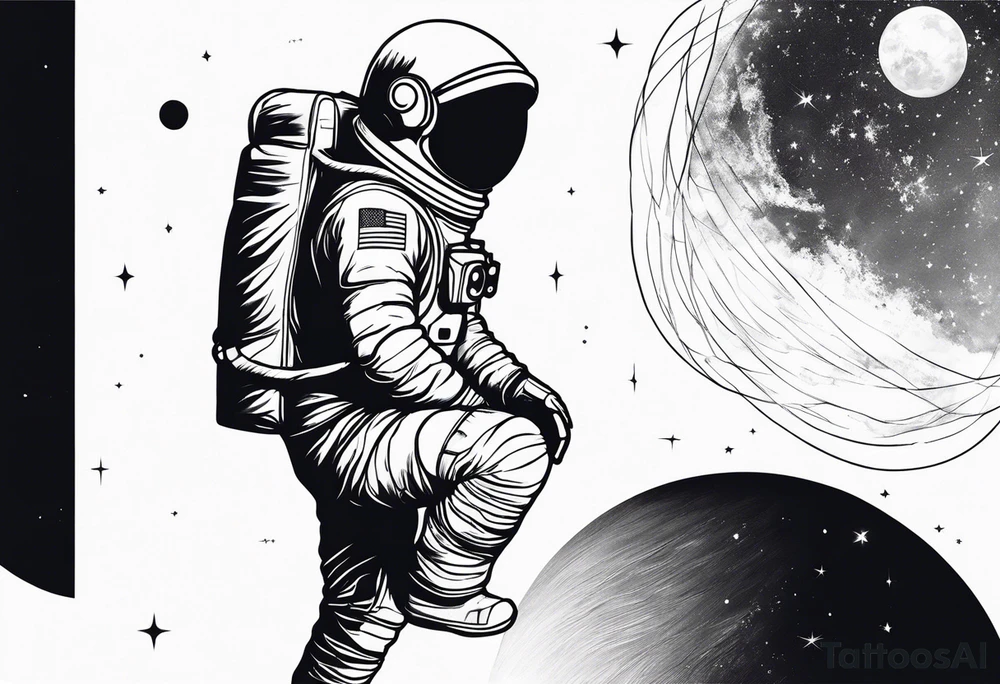 an astronaut hunched over in space from the back holding a planet tattoo idea