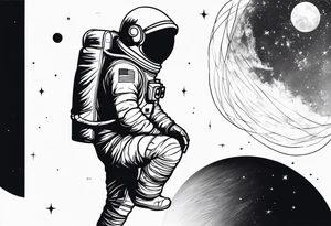 an astronaut hunched over in space from the back holding a planet tattoo idea