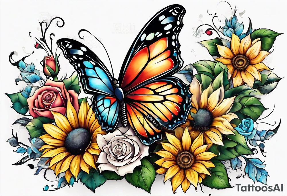 animal butterfly , flower rose, sunflower, tattoo idea