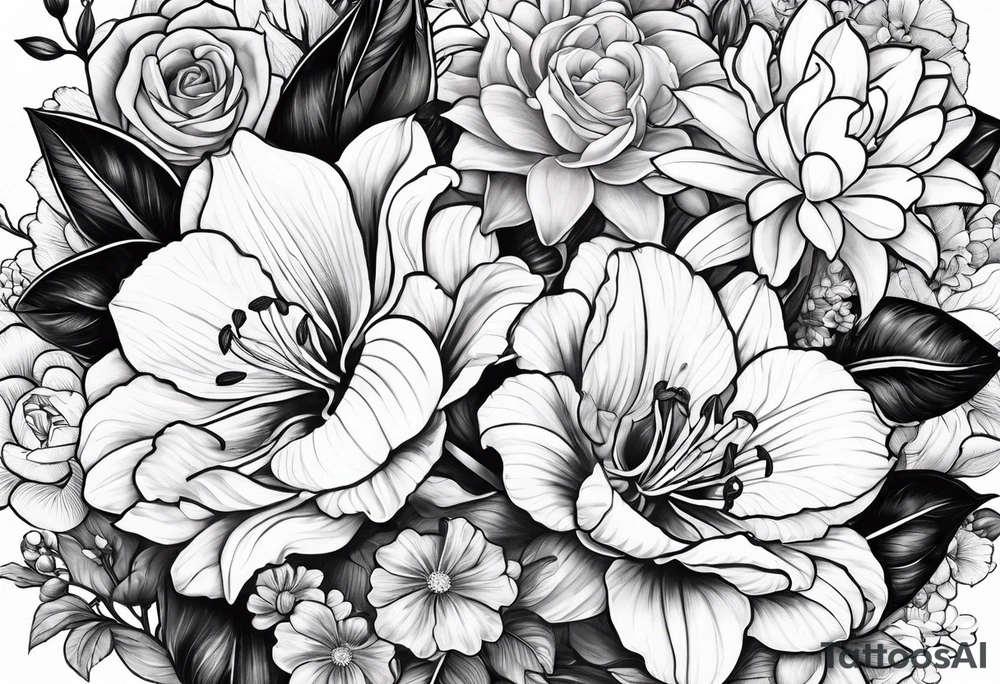 Rose orchid lily marigolds hydrangeas begonia dog wood gerber daisies tattoo idea