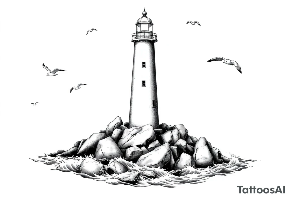 Lighthouse surrounded by a few boulders in the sea with high waves and seagulls flying around tattoo idea