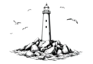 Lighthouse surrounded by a few boulders in the sea with high waves and seagulls flying around tattoo idea