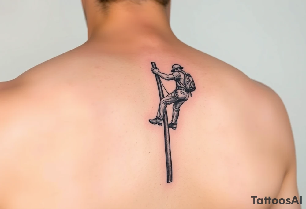realistic tattoo of a power lineman climbing a wooden pole that fits on the inside of the forearm tattoo idea