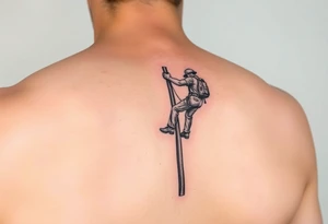 realistic tattoo of a power lineman climbing a wooden pole that fits on the inside of the forearm tattoo idea