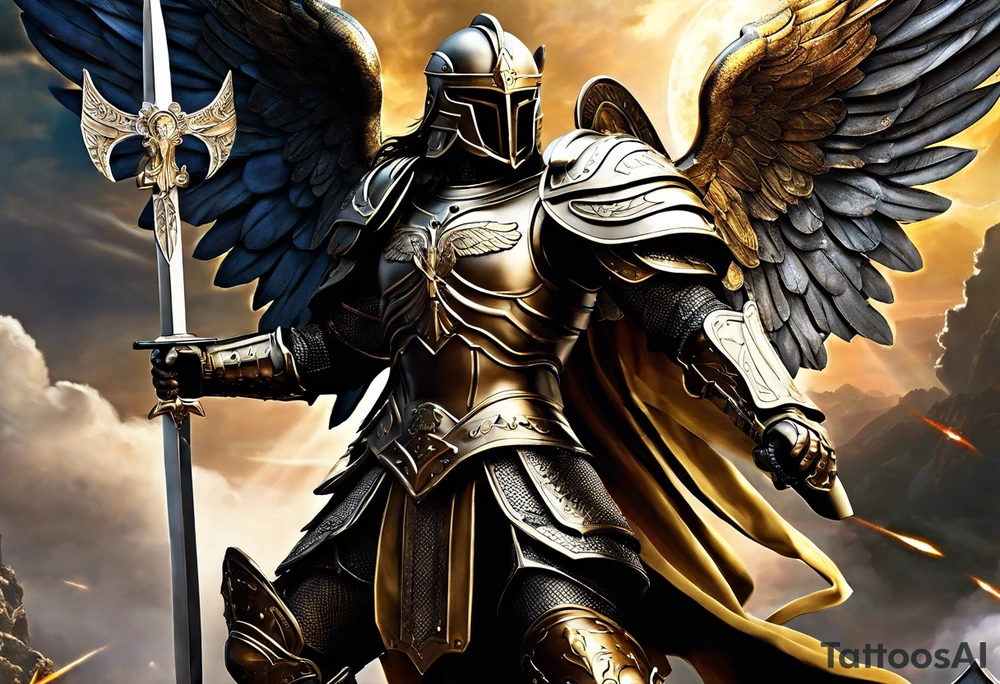 **Tattoo Design: Archangel Michael**

- **Central Theme**: Archangel Michael, majestic and powerful, stands ready with a raised sword, prepared to battle evil.
- **Appearance**: The figure of Archangel Michael depicted in full angelic armor, with majestic wings spread wide.
- **Expression**: His stance conveys strength, courage, and determination in defense of good.
- **Details**: Focus on intricate details such as facial features, armor embellishments, and the raised sword.
- **Background**: May be stylized as celestial, with rays of light or clouds, accentuating the divine presence of Archangel Michael.
- **Placement**: Intended for placement on the chosen body area, with the option to adjust the size according to personal preferences. tattoo idea
