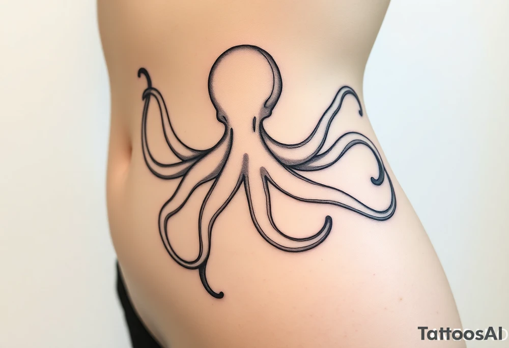 delicate lines, abstract linework, fine-line tattoo, minimal style, ribs to hip, flowing shape, organic curves, fluid motion, psychedelic, surreal, dreamy, liquid aesthetic, gasoline on water, oil slick effect, iridescent shimmer, soft distortion, melting edges, tentacle shapes, hidden octopus, octopus silhouette, morphing lines, subtle creature, hypnotic pattern, mirage-like, abstract animal form, visual illusion, ink floating in water, smoke-like swirls, graceful motion, dynamic flow, non-literal, elegant, modern, feminine, Balazs Bercsenyi inspired, Pis Saro style, black ink, no solid fill, transparent feeling, depth and layers, trippy fluidity, ghost-like anatomy, echo lines, nerve-like, airy composition, semi-transparent overlays, fractal inspiration, meditative design, inkblot symmetry, nature meets abstraction, vapor-like presence, fine contour work, shadowy tentacles, oil-pool texture tattoo idea