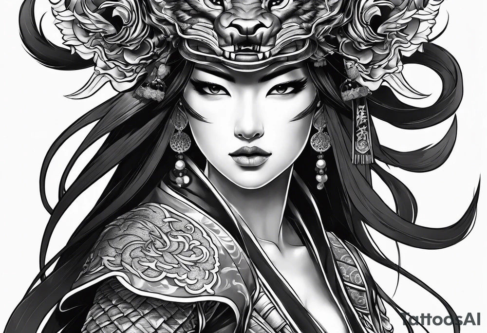 full body female warrior in samurai clothing half covering her face with a mask and twin dragons tattoo idea