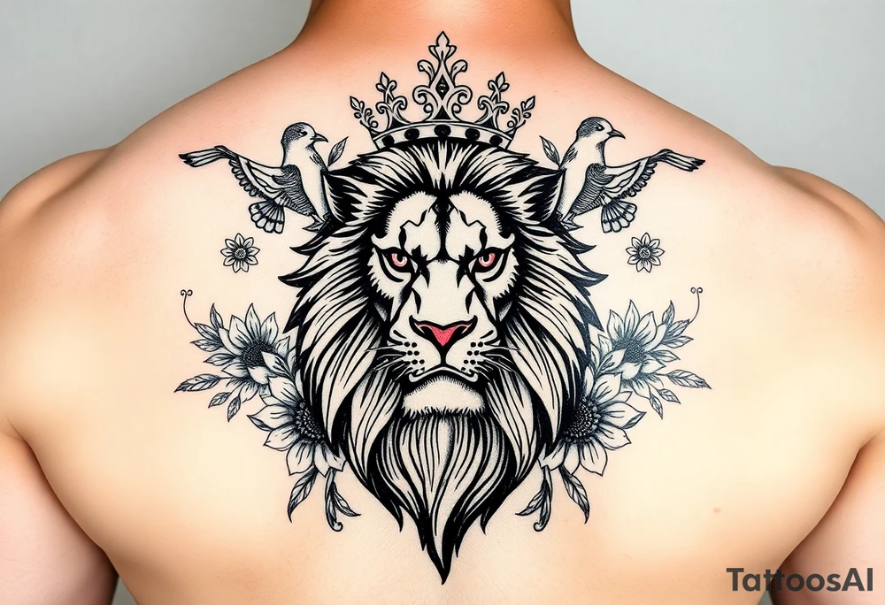 powerful majestic lion with a crown, surrounded by floral ornaments and birds tattoo idea