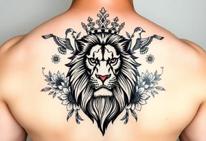 powerful majestic lion with a crown, surrounded by floral ornaments and birds tattoo idea