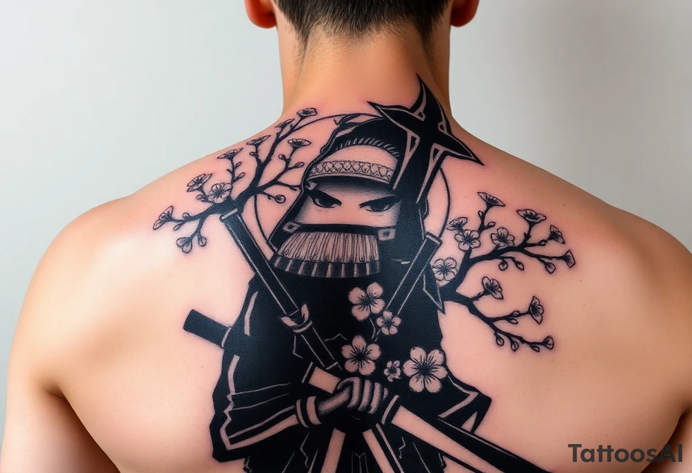 noble samurai warrior silhouette at sunset with cherry blossoms tattoo idea