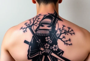 noble samurai warrior silhouette at sunset with cherry blossoms tattoo idea