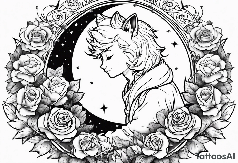 Little prince with fox on his planet with rose tattoo idea