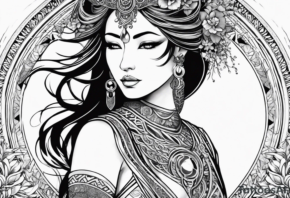 Craft a leg sleeve featuring a goddess embodying the elements (earth, water, fire, air), with each element represented by intricate details and symbols, creating a powerful and elemental representation of divinity. tattoo idea