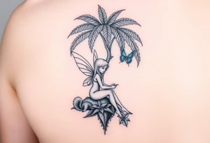 A blonde fairy sitting under a palm tree on an island with a squirrel, 
a blue butterfly, a hummingbird drinking from a flower. tattoo idea