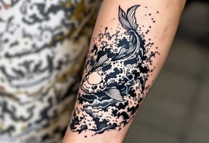 traditional koi fish swimming upstream through turbulent waves tattoo idea