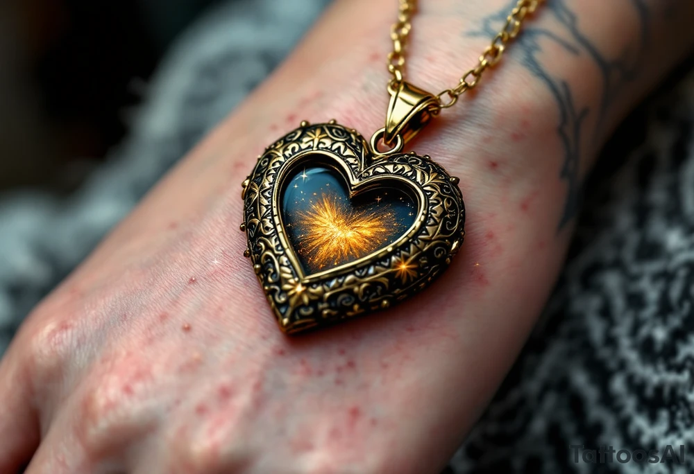 Nikolka wrapped in a golden heart-shaped locket, slightly open with sparkles around. tattoo idea