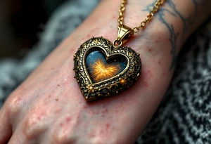 Nikolka wrapped in a golden heart-shaped locket, slightly open with sparkles around. tattoo idea