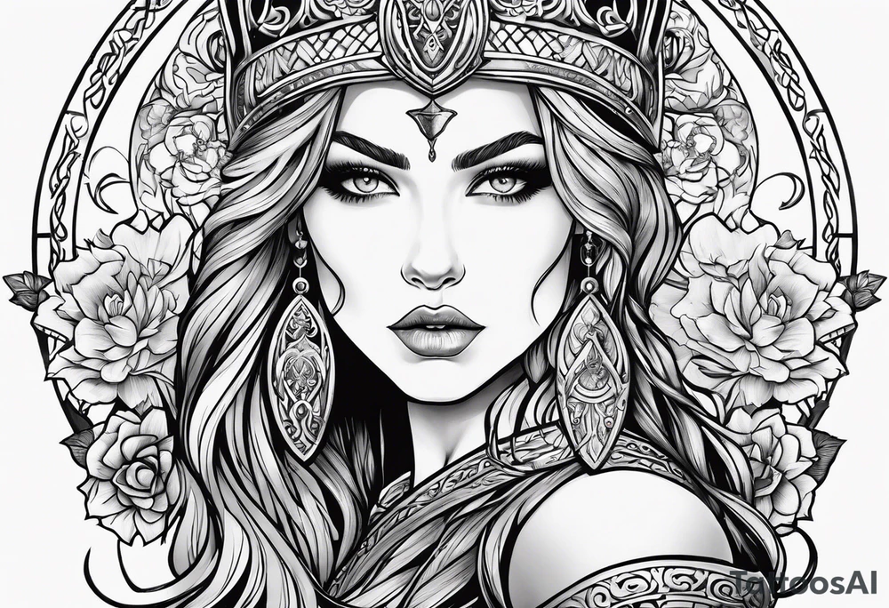 Viking, feminine warrior, bedroom eyes, headshot, princess, round emblem, moon goddess, Gaia, flowers, axe tattoo idea