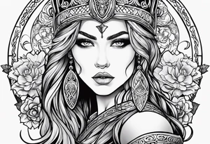 Viking, feminine warrior, bedroom eyes, headshot, princess, round emblem, moon goddess, Gaia, flowers, axe tattoo idea