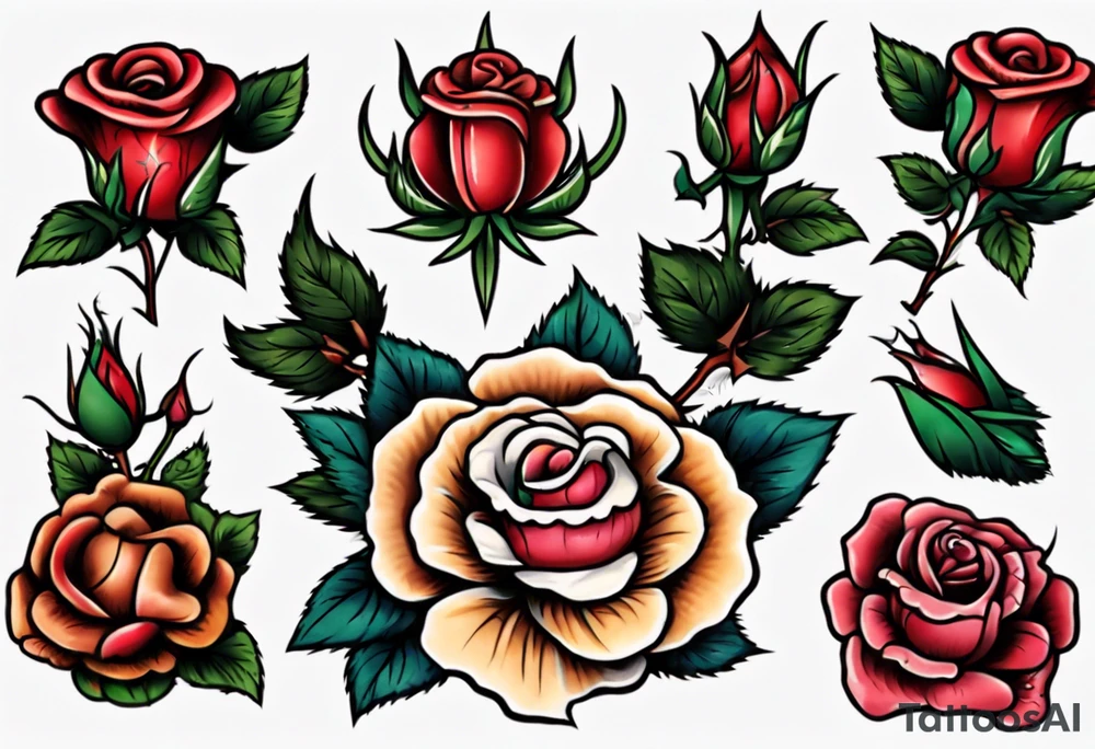 American Traditional rose with three american traditional flowers around it tattoo idea