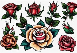 American Traditional rose with three american traditional flowers around it tattoo idea