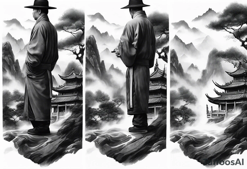 forearm sleeve traditional chinese art painting Chinese temple two old men wearing robes and drinking tea mountains mist fog waterfall tattoo idea