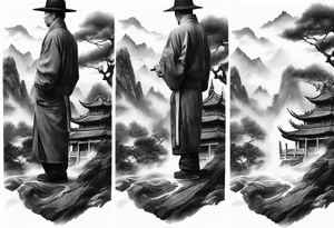 forearm sleeve traditional chinese art painting Chinese temple two old men wearing robes and drinking tea mountains mist fog waterfall tattoo idea