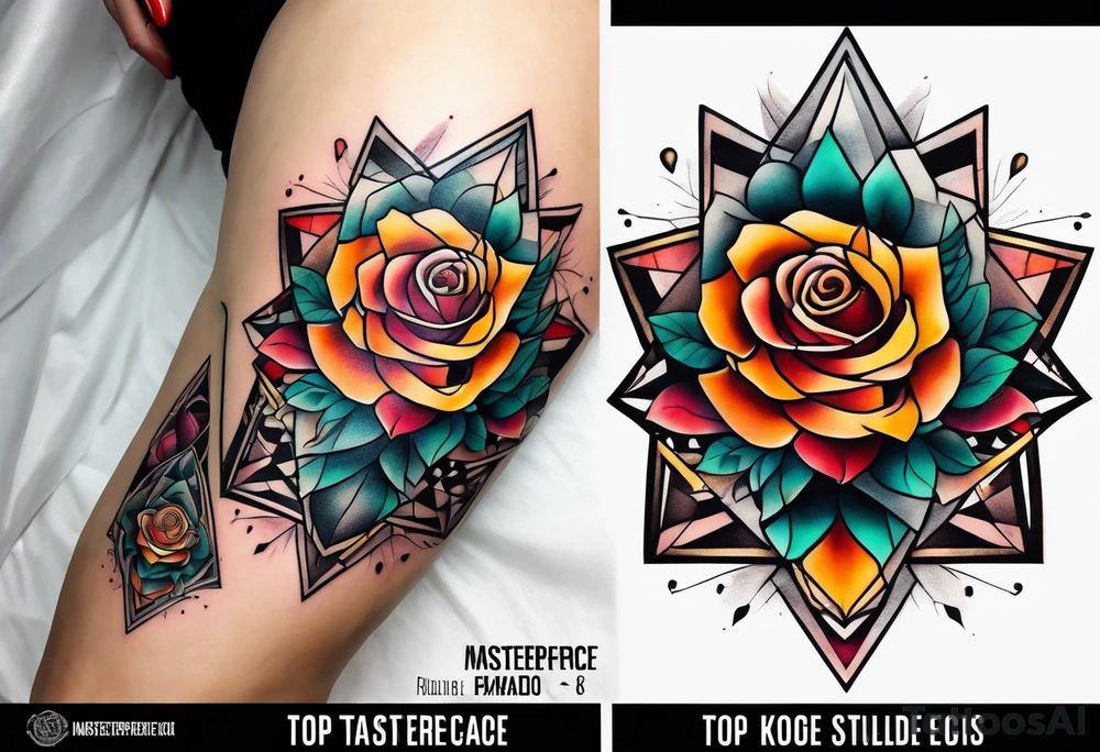 knee tattoo with geometry, roses and swirl washes in background in fall colors tattoo idea