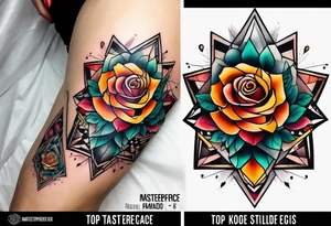 knee tattoo with geometry, roses and swirl washes in background in fall colors tattoo idea