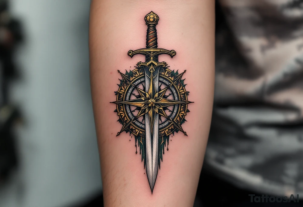 Compass and Dagger – A dagger piercing through a vintage compass, with the compass rose in gold and the dagger in silver with bold black lines for the details. The compass is surrounded by earthy browns and forest greens. tattoo idea