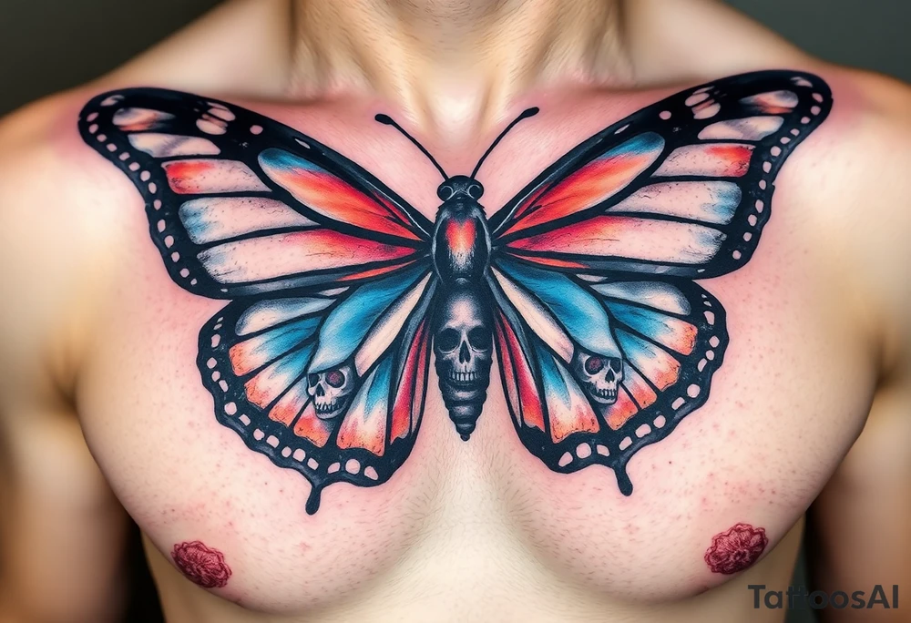 powerful majestic and dark monarch butterfly with skull detail as the body hidden skulls in wings, skull detail making the body of the butterfly with a horror style effect, including blue, red and white colouring
placement on chest at collarbone tattoo idea