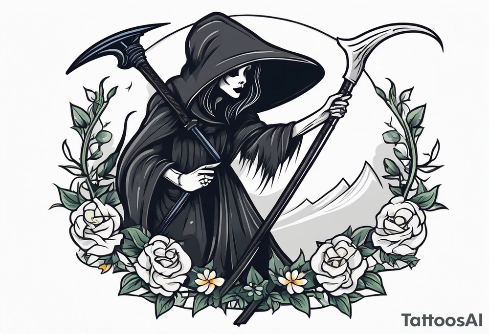 cute feminine grim reaper with scythe and nightshade tattoo idea