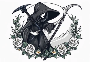 cute feminine grim reaper with scythe and nightshade tattoo idea
