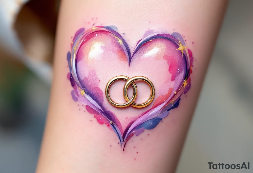 A soft, watercolor heart painted in shades of pink and purple, with two intertwined gold wedding rings placed in the center. Soft pinks, lavender, gold, and touches of light blue for a dreamy vibe. tattoo idea