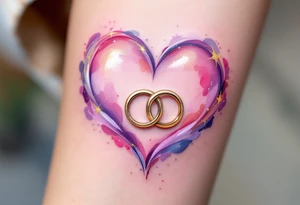 A soft, watercolor heart painted in shades of pink and purple, with two intertwined gold wedding rings placed in the center. Soft pinks, lavender, gold, and touches of light blue for a dreamy vibe. tattoo idea