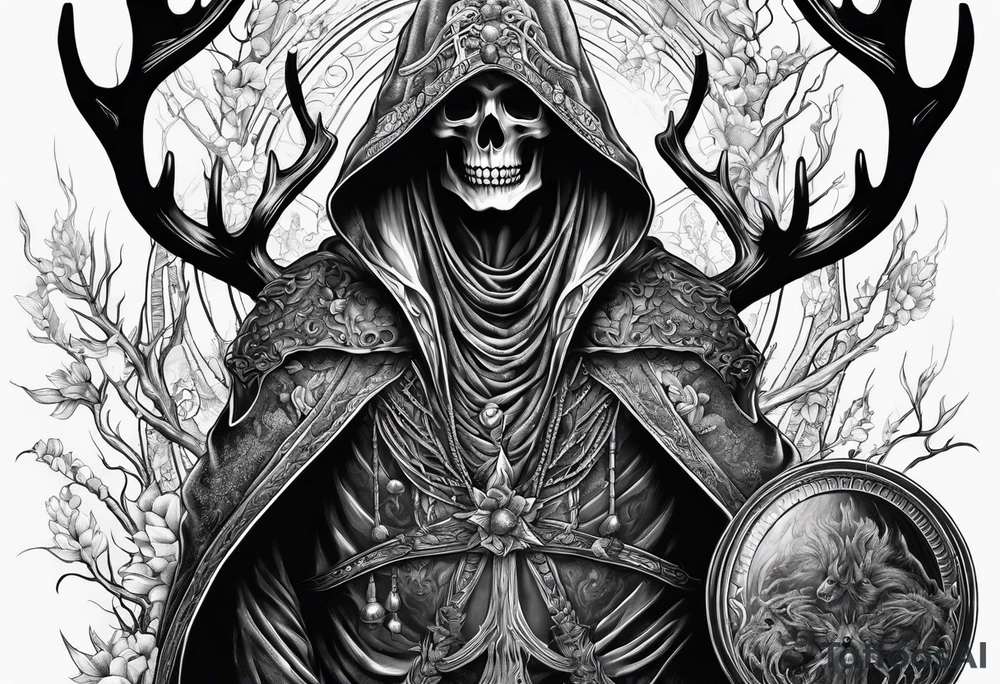 Hooded figure riding on a reindeer skeleton tattoo idea