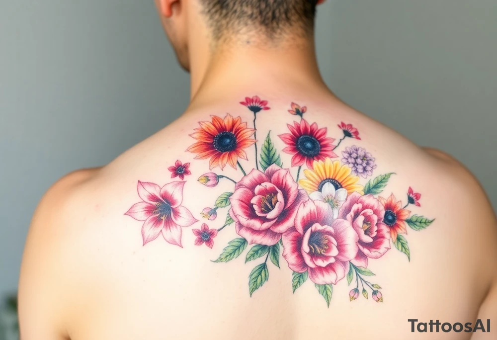 6 pink Vintage star gazer lillies some yellow some red wild roses and sunflowers and hydrangea to sleeve right arm tattoo idea