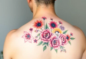 6 pink Vintage star gazer lillies some yellow some red wild roses and sunflowers and hydrangea to sleeve right arm tattoo idea