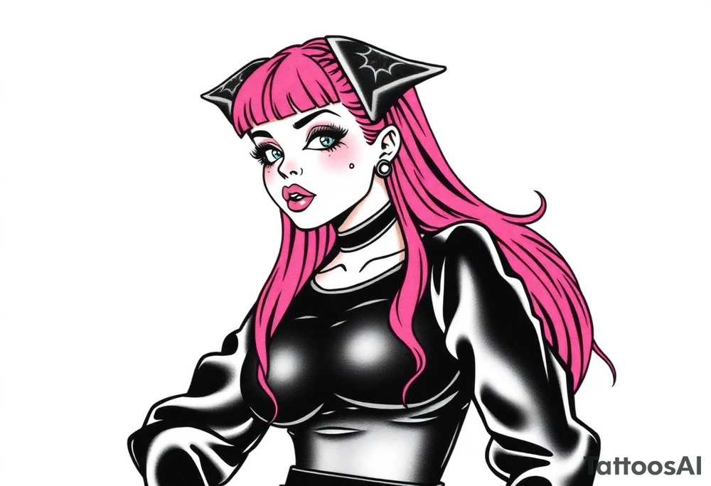 hot goth girl with puppy ears and with piercings on face and big boobs and big butt with black outfit on with pink hair tattoo idea