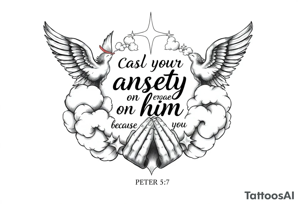 cast all your anxiety on him because he cares for you"  1 peter 5:7 surrounded with clouds and angels and praying hands tattoo idea